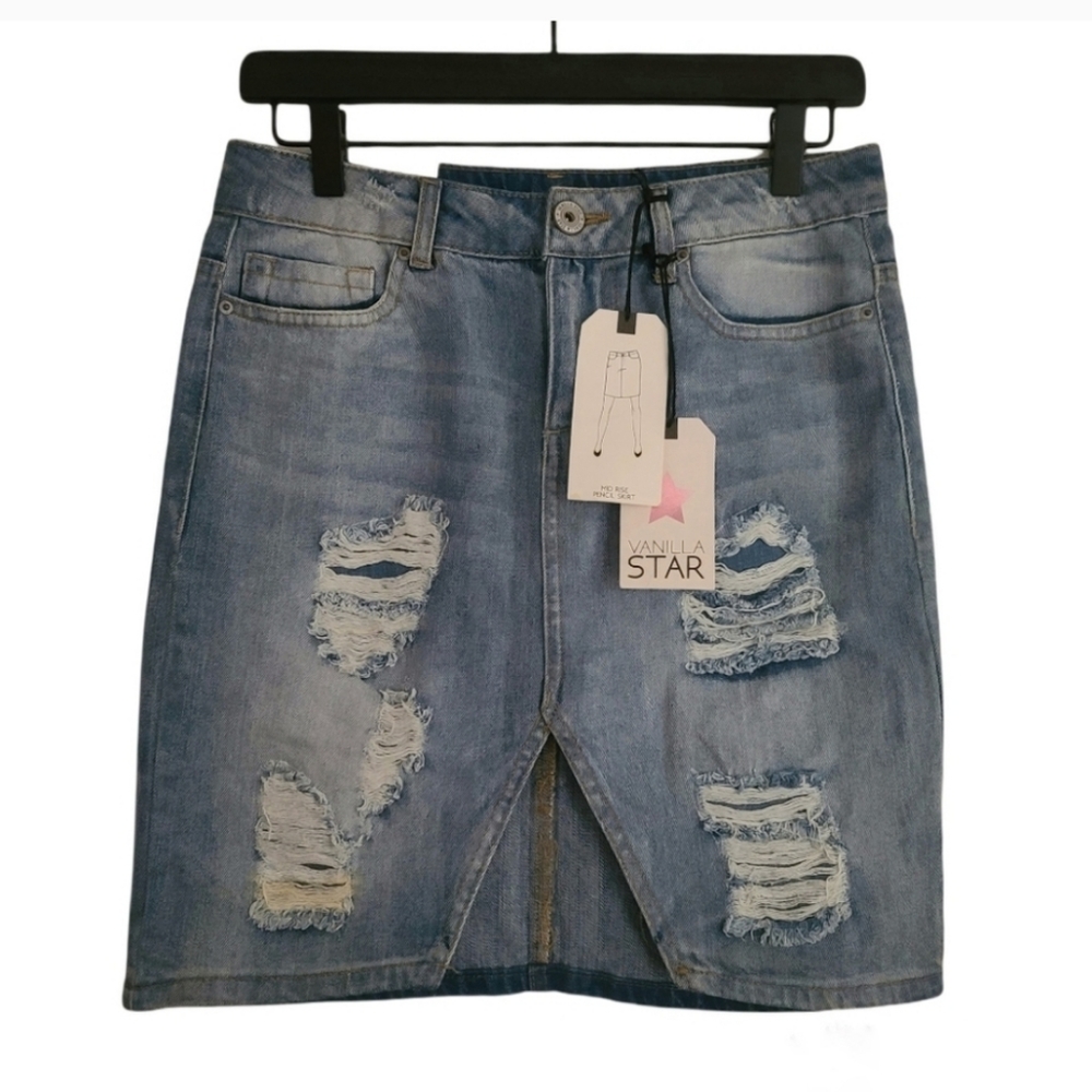 Vanilla Star Distressed Denim Jean Mid Rise Pencil Skirt Size 3/4. NWT